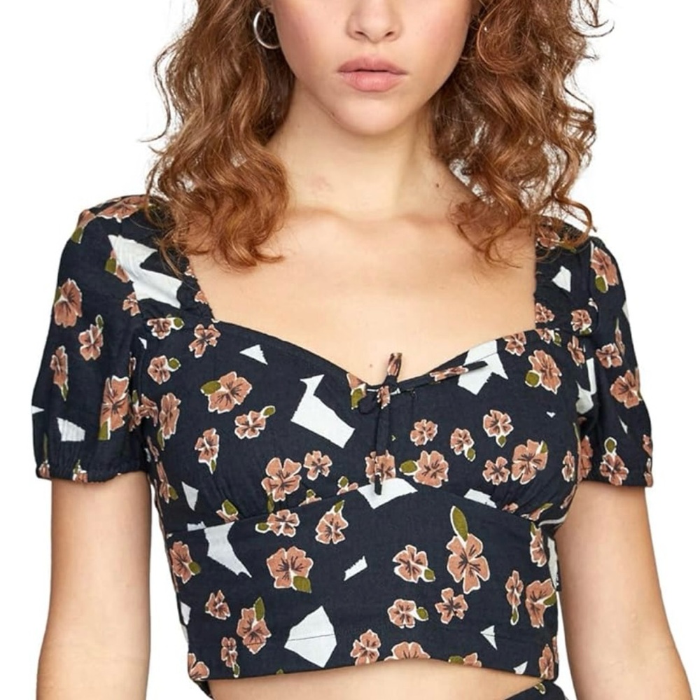 RVCA Black Floral Annola Crop Top Size XS Short Sleeve Top